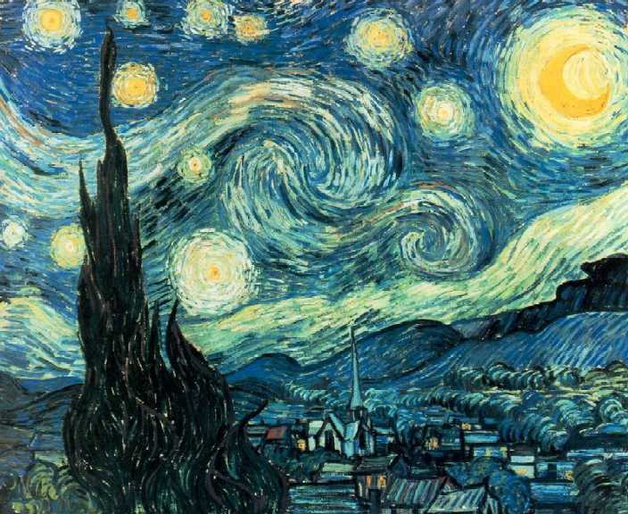 THE Starry Night 1889, the sky is in ferment, the cypress waves and the village rests peacfully